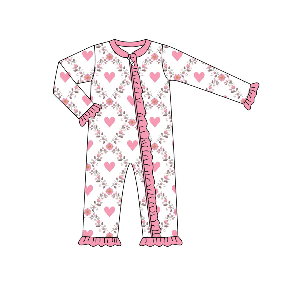 Preorder (moq 5) Baby Girl Clothes Valentine Heart Floral Print Long Sleeve Zipper Ruffle Romper