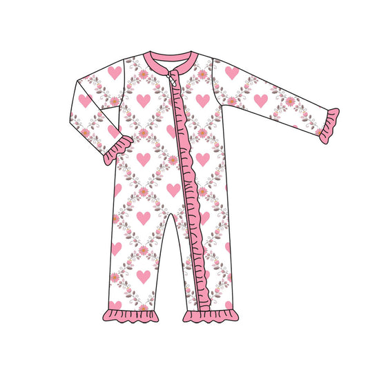 Preorder (moq 5) Baby Girl Clothes Valentine Heart Floral Print Long Sleeve Zipper Ruffle Romper