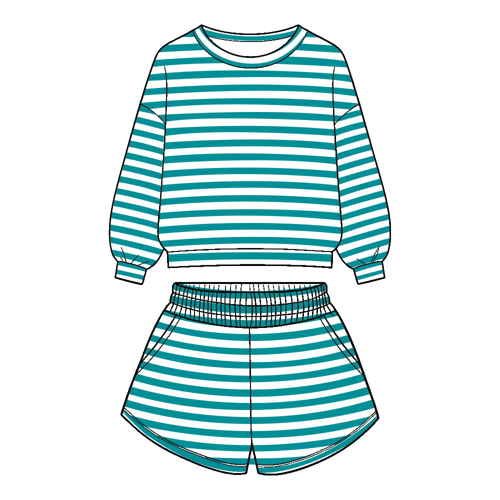 Preorder (moq 5)Baby Girls Long Sleeve Aqua Stripe Top Pockets Short Clothes Set