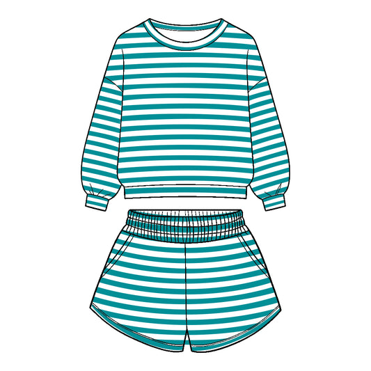 Preorder (moq 5)Baby Girls Long Sleeve Aqua Stripe Top Pockets Short Clothes Set