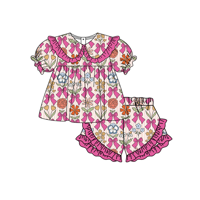 Preorder moq 5 Baby Girls Colorful Flowers Bows Collar Tunic Ruffle Shorts Clothes Set