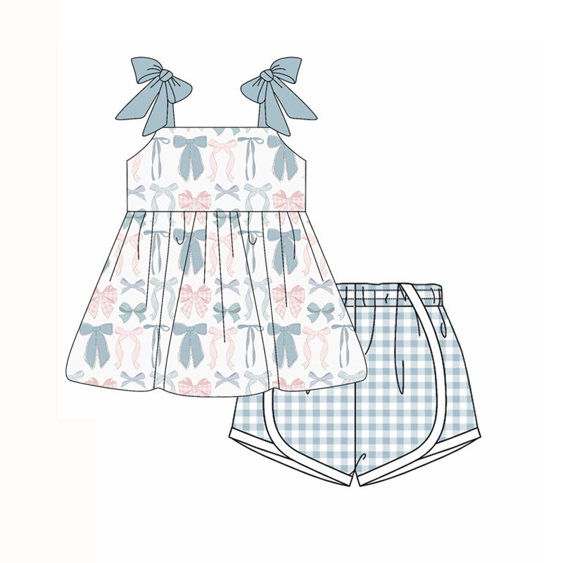Preorder moq 5 Baby Girls Gray Strap Pink Bows Tunic Plaid Shorts Set