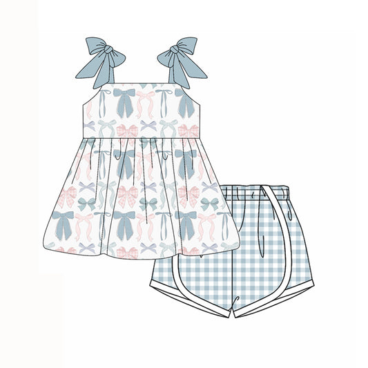 Preorder moq 5 Baby Girls Gray Strap Pink Bows Tunic Plaid Shorts Set