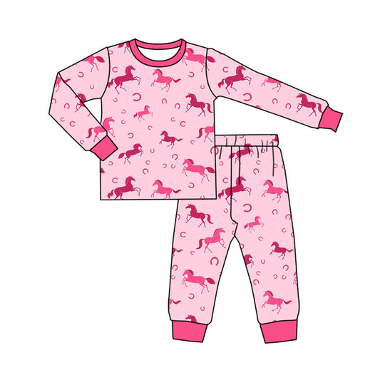 Preorder (moq 5)Baby Girls Pink Horse Shoes Top Pants Western Pajamas Set