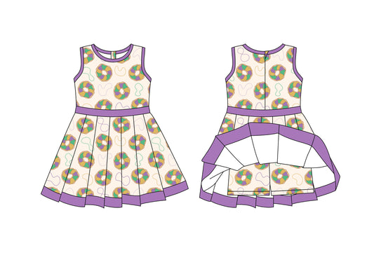 Preorder moq 8 Baby Girls Mardigras Donuts Back Zip Shorts Ruffle Knee Length Dresses