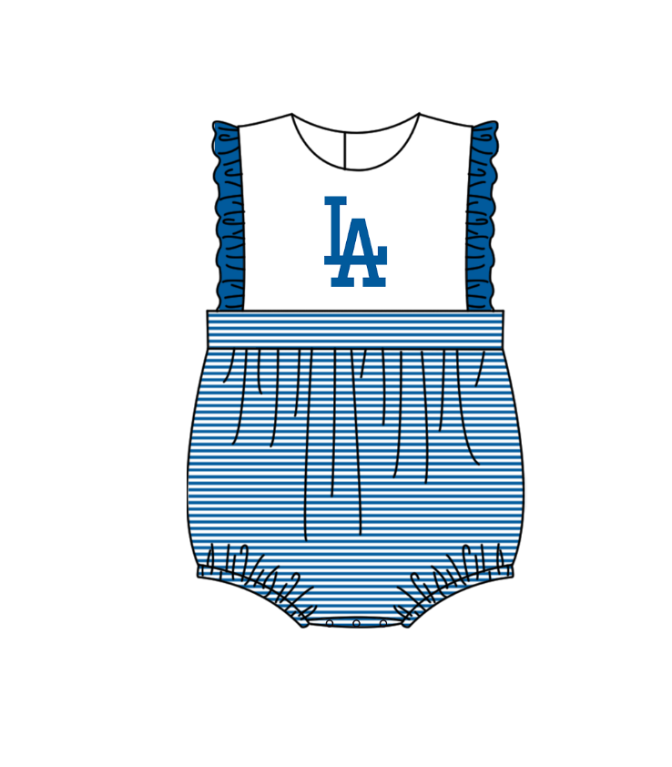 Preorder (moq 5)Baby Girls Sleeveless Blue Stripe LA Team Ruffle Rompers