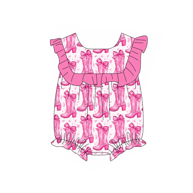 Preorder (moq 5)Baby Girls Sleeveless Pink Bows Boots Western Ruffle Rompers