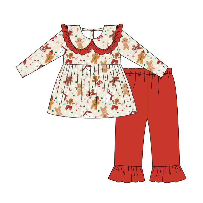 Preorder (moq 5)Baby Girls Long Sleeves Gingerbread Snowman Tunic Ruffle Pant Clothes Set