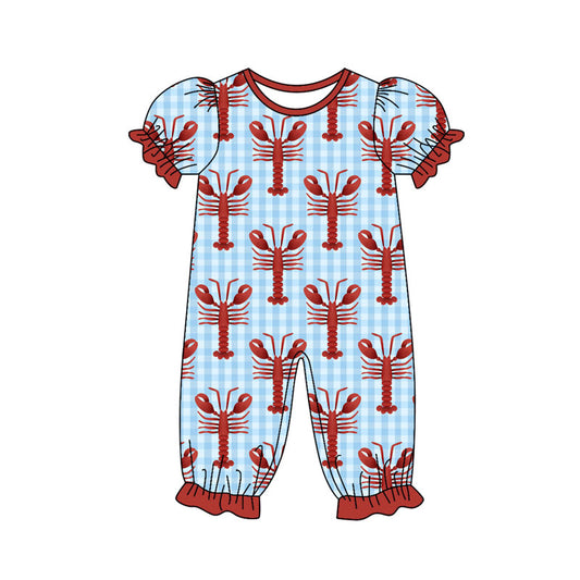 Preorder (moq 8)Baby Girls Blue Checked Crayfishes Ruffle Footie Rompers