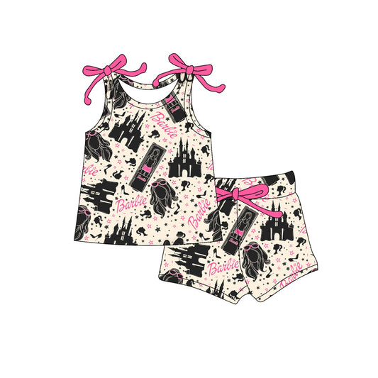 Preorder moq 5 Baby Girls Bows Sleeveless Cartoon Dolls Castle Top Short Set