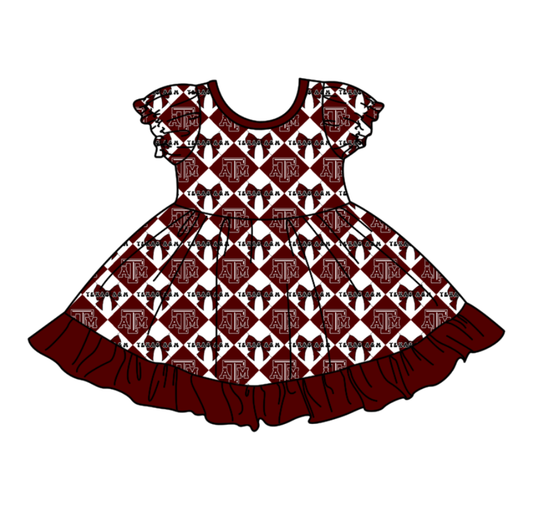 Preorder moq 5 Baby Girls Short Sleeve ATM Bows Checked Team Ruffle Knee Length Dresses