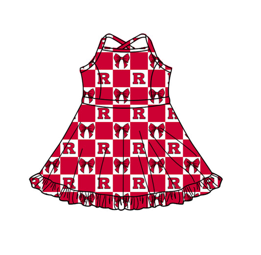 Preorder (moq 5) Baby Girls Strap Bows Rutgers Checked Team Short Knee Length Dress