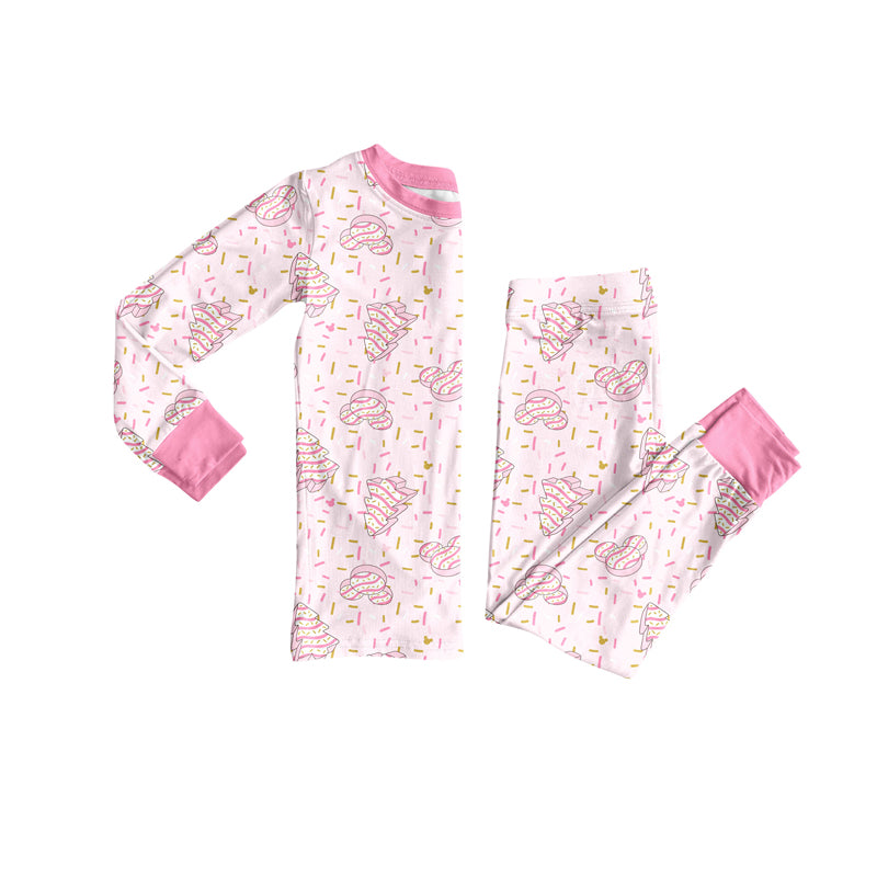 Preorder (moq 20)Baby Girls Bamboo Pink Sprinkles Cartoon Mouse Trees Christmas Pajamas Sets
