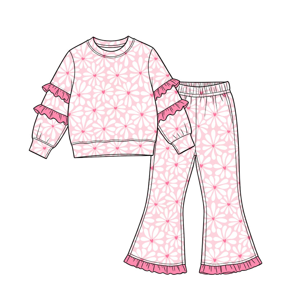 Preorder (moq 5) Baby Girl Clothes Daisy Heart Allover Print Long Sleeve Tiered Ruffle Top Ruffle Flare Pant Set