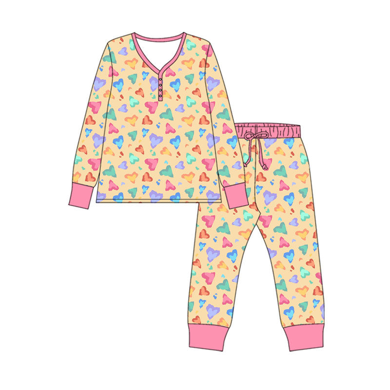 Preorder (moq 5)Baby Girls Colorful Hearts Leopard Button Top Pants Valentine Pajamas Sets