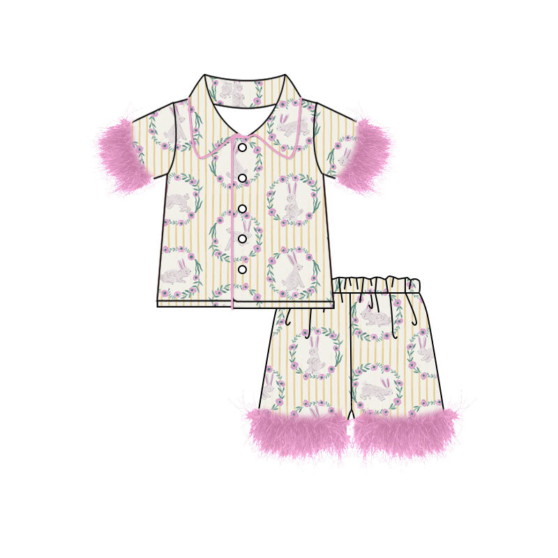 Preorder (moq 5) Baby Girl Clothes Easter Bunny Wreath Stripe Print Short Sleeve Feather Trim Pajama Short Set