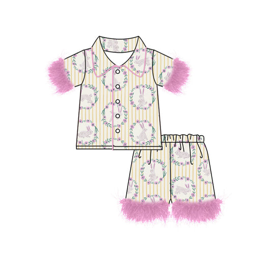 Preorder (moq 5) Baby Girl Clothes Easter Bunny Wreath Stripe Print Short Sleeve Feather Trim Pajama Short Set