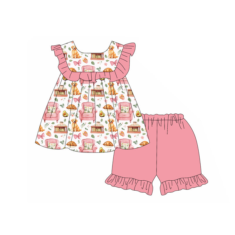 Preorder moq 5 Baby Girls Sleeveless Pink Floral Dogs Tunic Ruffle Short Set