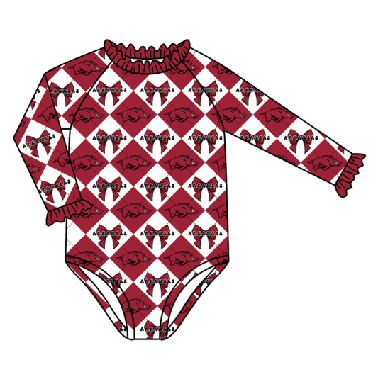 Preorder (moq 5)Baby Girls Long Sleeve Team Bows Checked One Piece Swimsuits
