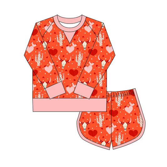 Preorder(moq 8)Baby Girls Bull Skulls Hearts Cactus Long Sleeve Top Shorts Western Clothes Set