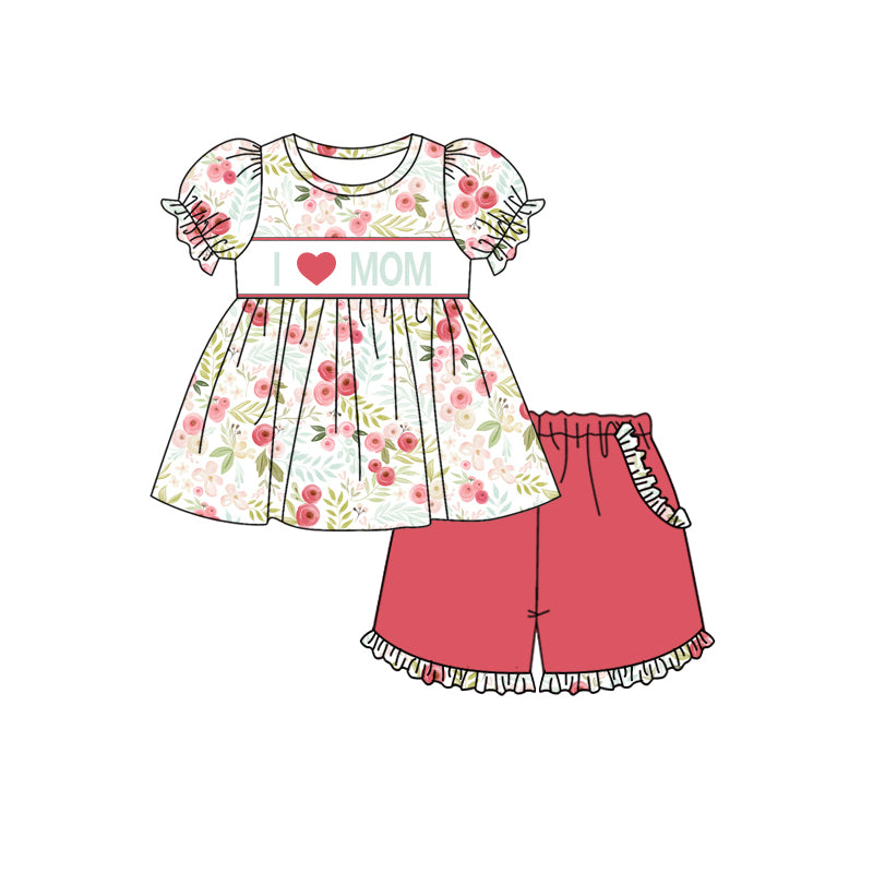 Preorder (moq 5)Baby Girls Short Ruffle Sleeves I LOVE MOM Floral Tunic Pockets Short Set