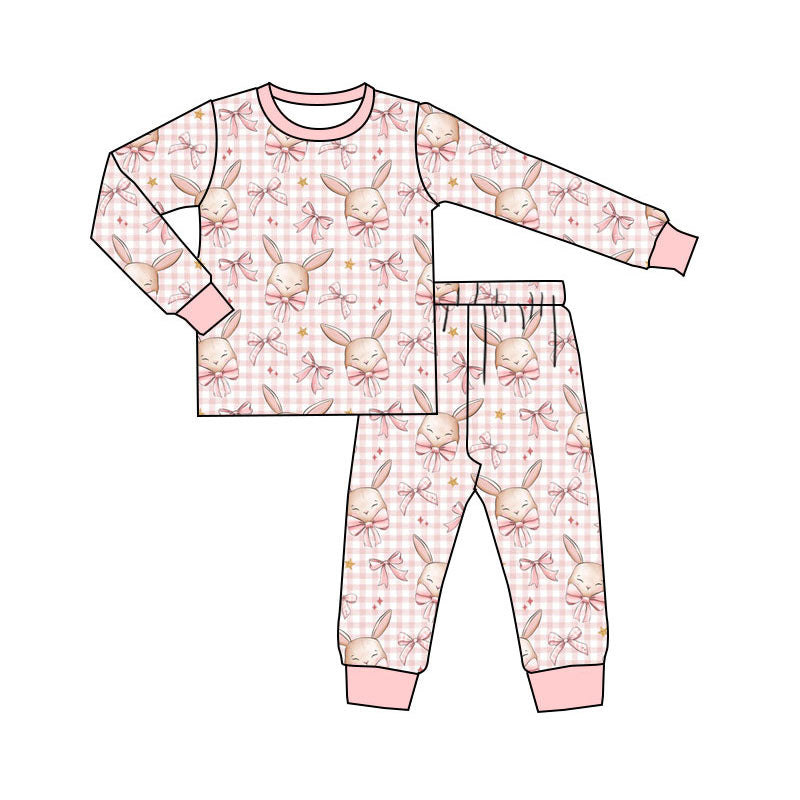 Preorder(moq 5) Baby Girls Pink Bows Rabbits Checked Top Pants Easter Pajamas Sets