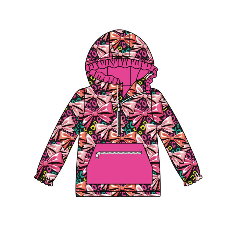 Preorder (moq 5)Baby Girls Colorful Leopard Bows Pocket Zipper Ruffle Hoodies Top