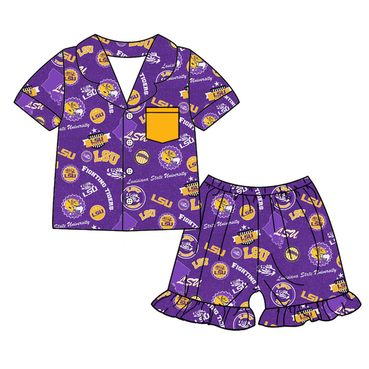 Preorder (moq 5)Baby Girls Short Sleeves Purple LSU Button Pocket Top Ruffle Shorts Team Pajamas Set