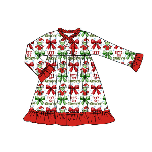 Preorder (moq 5)Baby Girls Christmas Let's Go Frog Ruffle Gown Knee Length Dresses