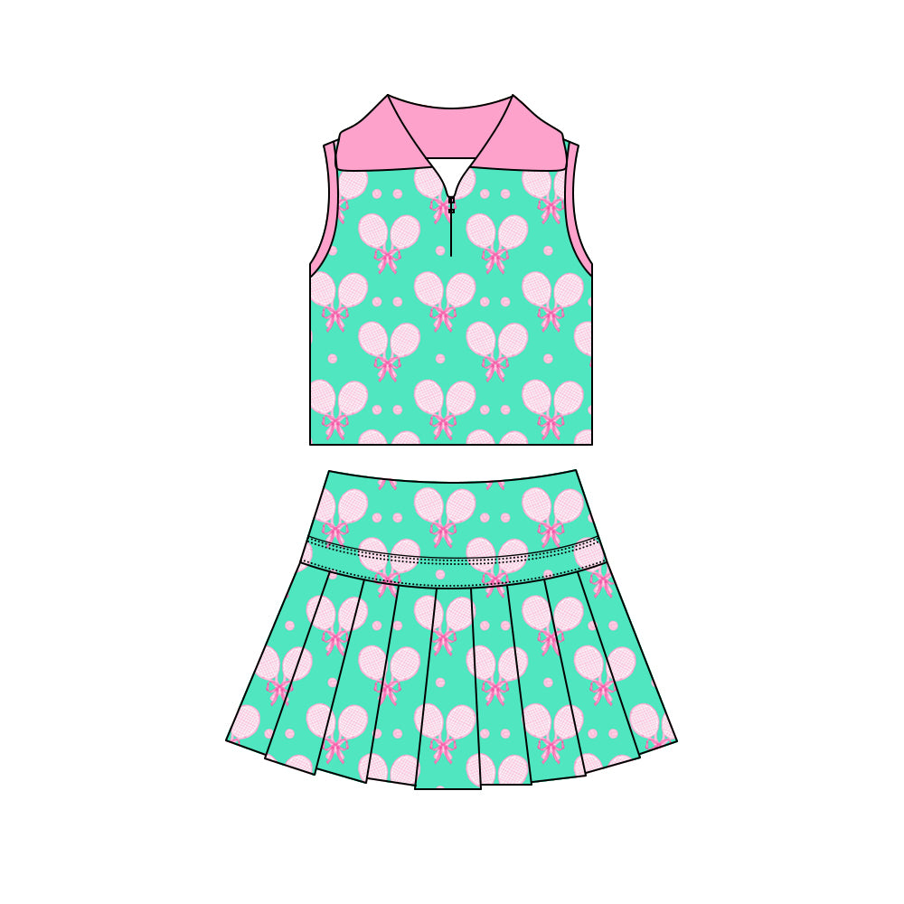 Preorder (moq 5)Baby Girls Sleeveless Bows Tennis Zip Top Pleated Skirt Short Clothes Sets