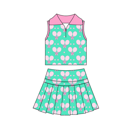 Preorder (moq 5)Baby Girls Sleeveless Bows Tennis Zip Top Pleated Skirt Short Clothes Sets