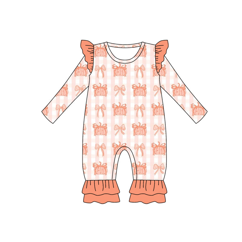 Preorder (moq 5)Baby Girls Long Sleeves Peach Bows Pumpkins Plaid Ruffle Pant Romper