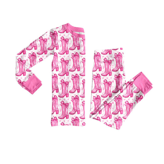 Preorder(moq 5) Baby Girls Pink Bows Boots Top Pants Western Pajamas Sets