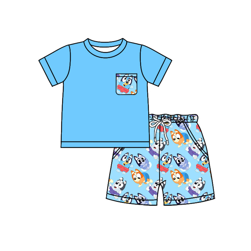 Preorder moq 5 Baby Boys Blue Short Sleeves Pocket Top Cartoon Dogs Shorts Set