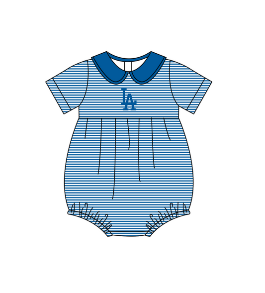 Preorder (moq 5)Baby Girls Short Sleeve Blue Stripe LA Team Ruffle Rompers