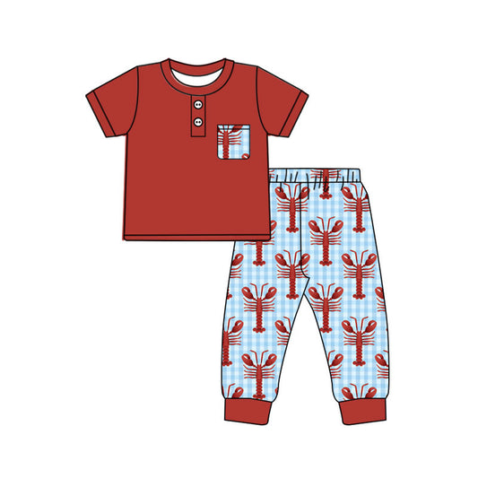 Preorder(moq 8)Baby Boys Button Pocket Top Crayfishes Checked Pant Clothes Sets