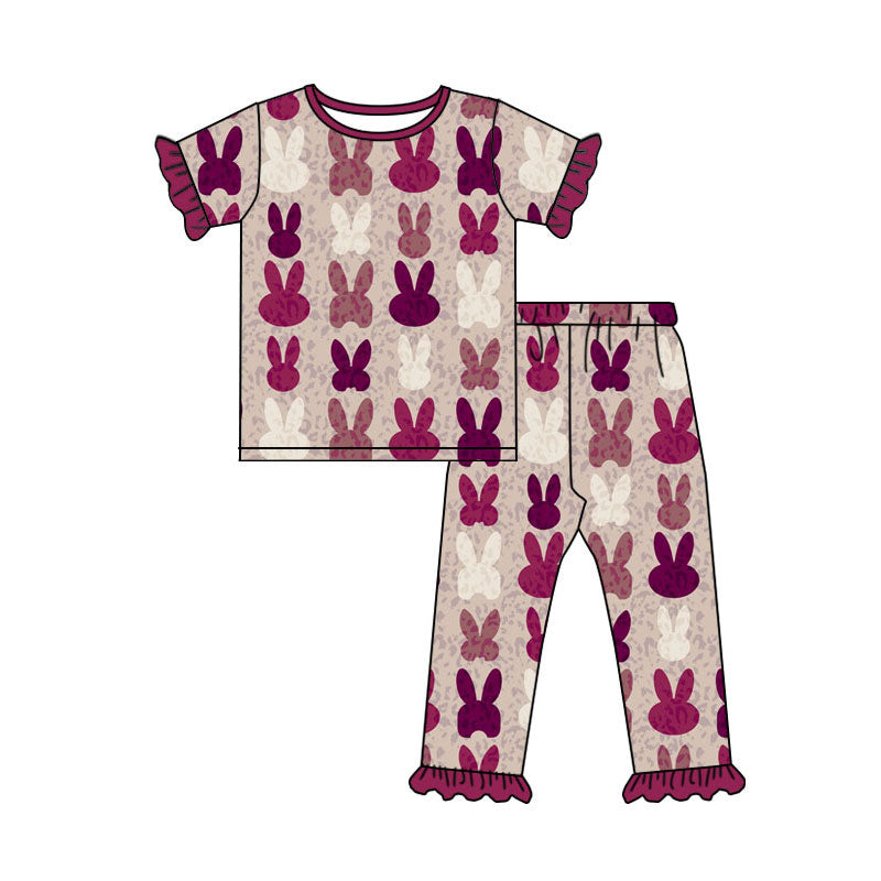 Preorder(moq 5) Baby Girls Hot Pink Rabbits Plaid Top Ruffle Pants Easter Pajamas Sets