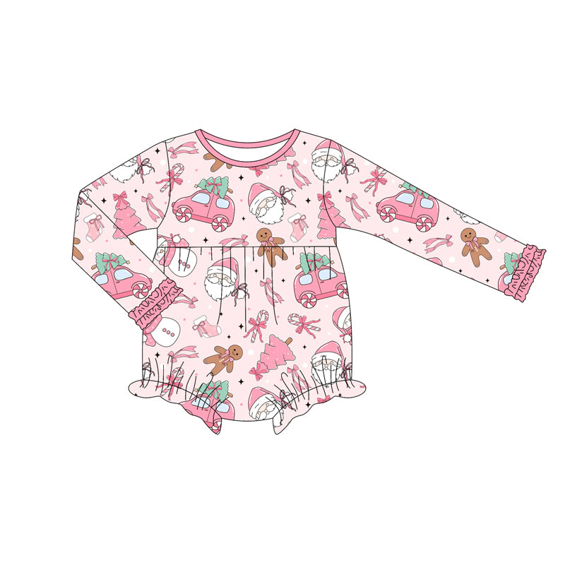 Preorder (moq 5)Baby Girls Pink Long Ruffle Sleeves Santa Trees Cars Bummies Rompers
