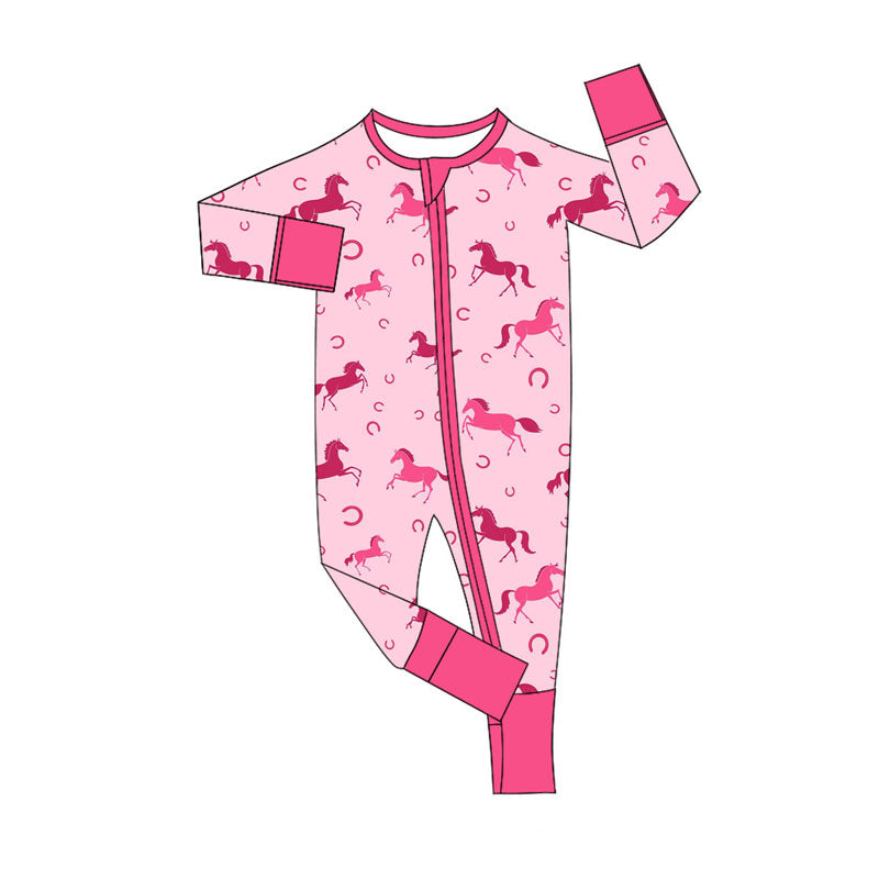 Preorder (moq 5)Baby Girls Pink Horse Shoes Western Zipper Footie Rompers