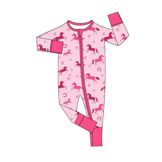 Preorder (moq 5)Baby Girls Pink Horse Shoes Western Zipper Footie Rompers