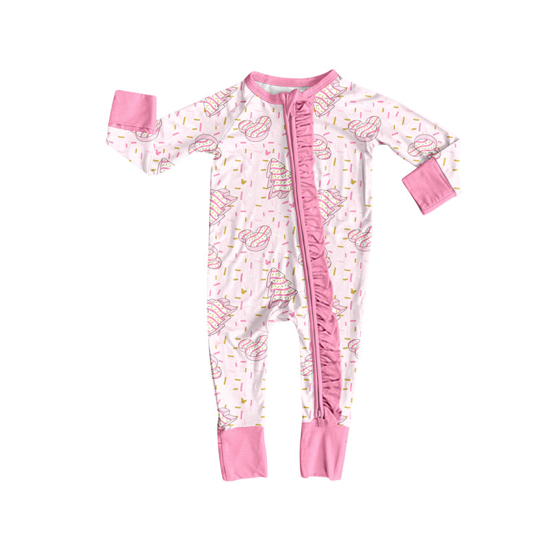 Preorder (moq 20)Baby Girls Bamboo Pink Sprinkles Cartoon Mouse Trees Christmas Ruffle Zippy Footie Rompers