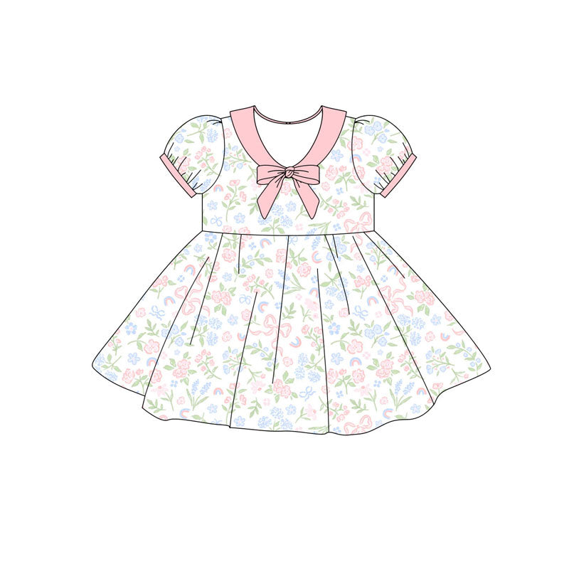 Preorder(moq 5) Baby Girls Short Ruffle Sleeve Bows Flowers Knee Length Dresses