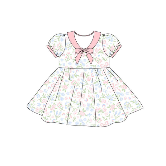 Preorder(moq 5) Baby Girls Short Ruffle Sleeve Bows Flowers Knee Length Dresses