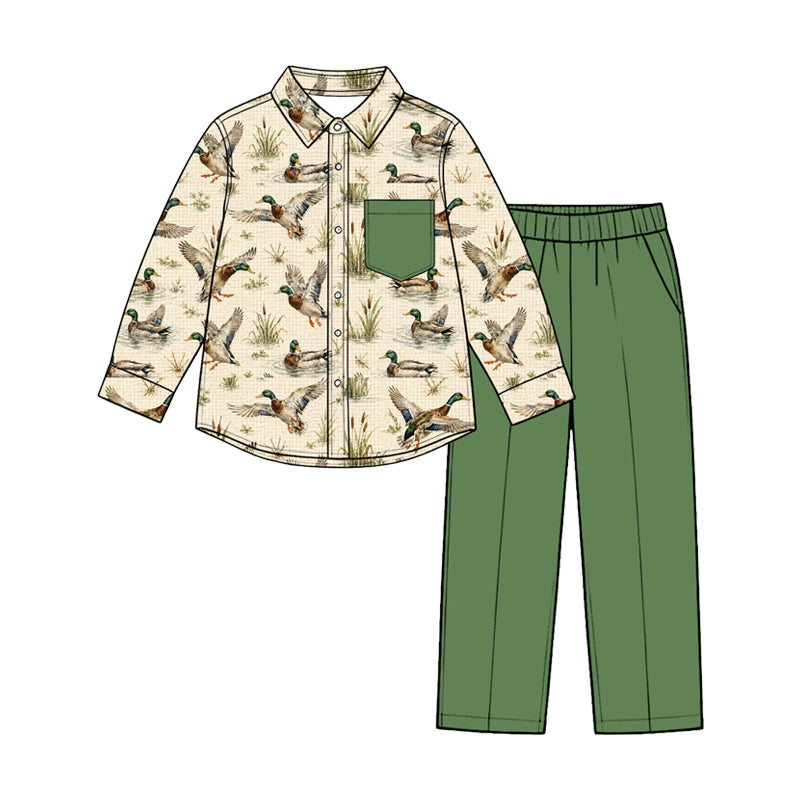 Preorder(moq5) Boys 2-Piece Casual Clothing Set Hunting Patchwork Deer Duck Print Sweatshirt Joggers Kids Outfit