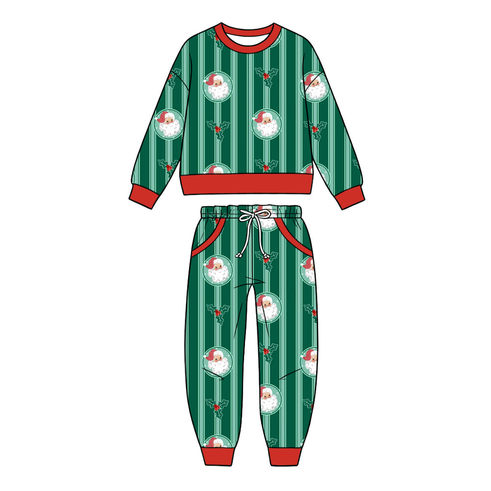 Preorder (moq 5) Baby Girl Clothes Christmas Santa Holly Stripe Print Long Sleeve Top Pant Set