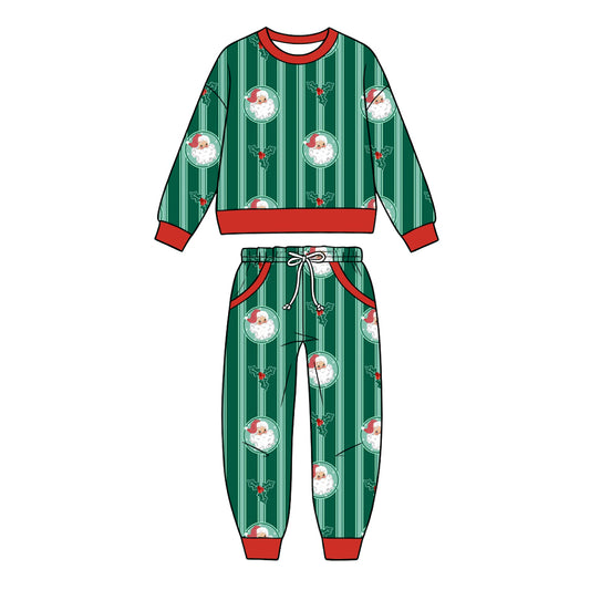 Preorder (moq 5) Baby Girl Clothes Christmas Santa Holly Stripe Print Long Sleeve Top Pant Set