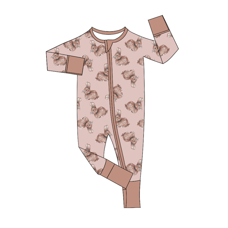 Preorder (moq 5)Baby Girls Pink Rabbits Easter Two Way Zip Convertible Rompers