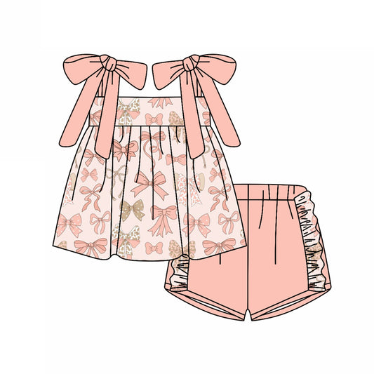 Preorder (moq 5)Baby Girls Pink Bows Strap Colorful Bows Tunic Ruffle Shorts Clothes Sets