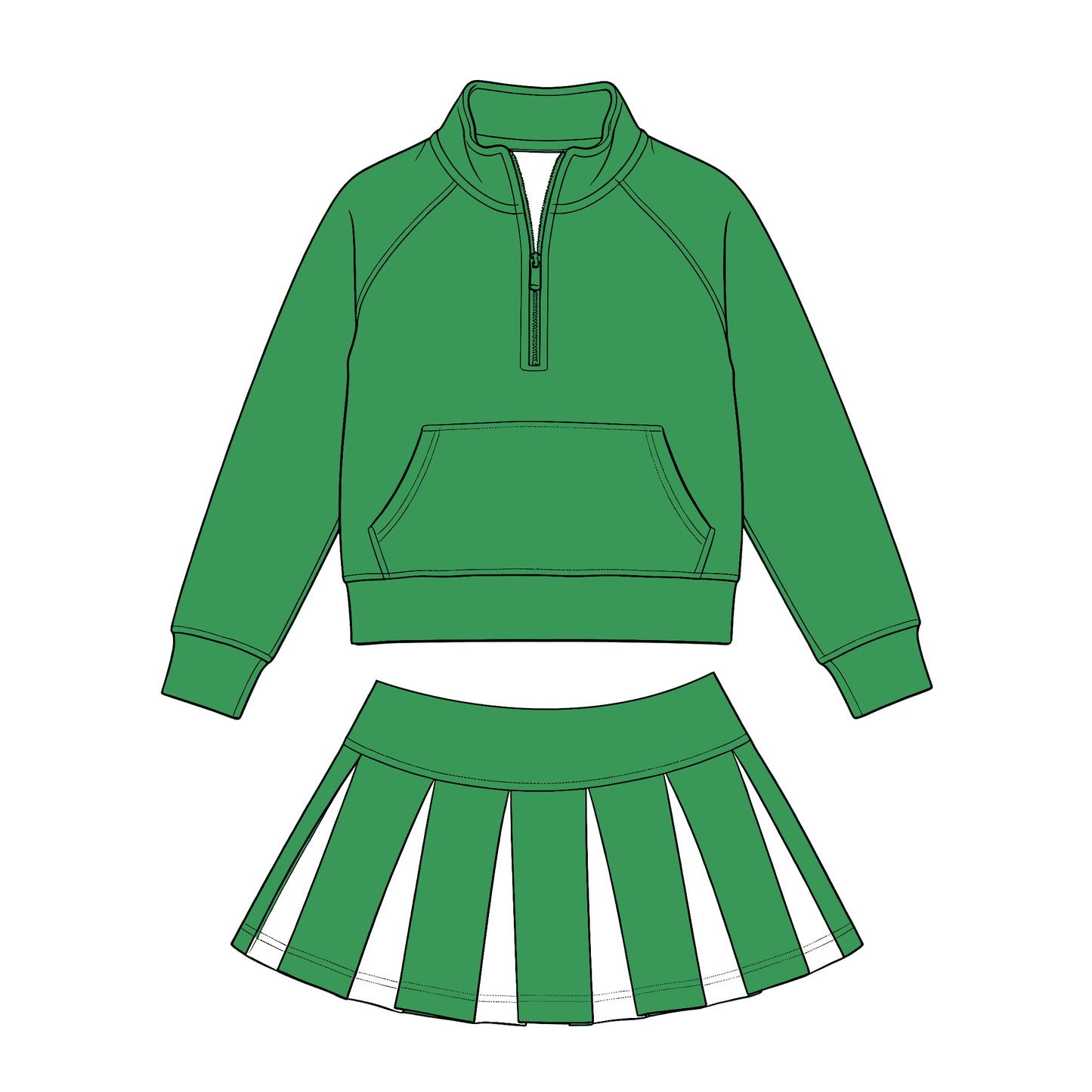 Preorder (moq 5) Baby Girls Green Zip Pockets Pullovers White Pleated Skirt Short Clothes Sets