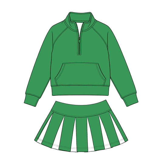 Preorder (moq 5) Baby Girls Green Zip Pockets Pullovers White Pleated Skirt Short Clothes Sets